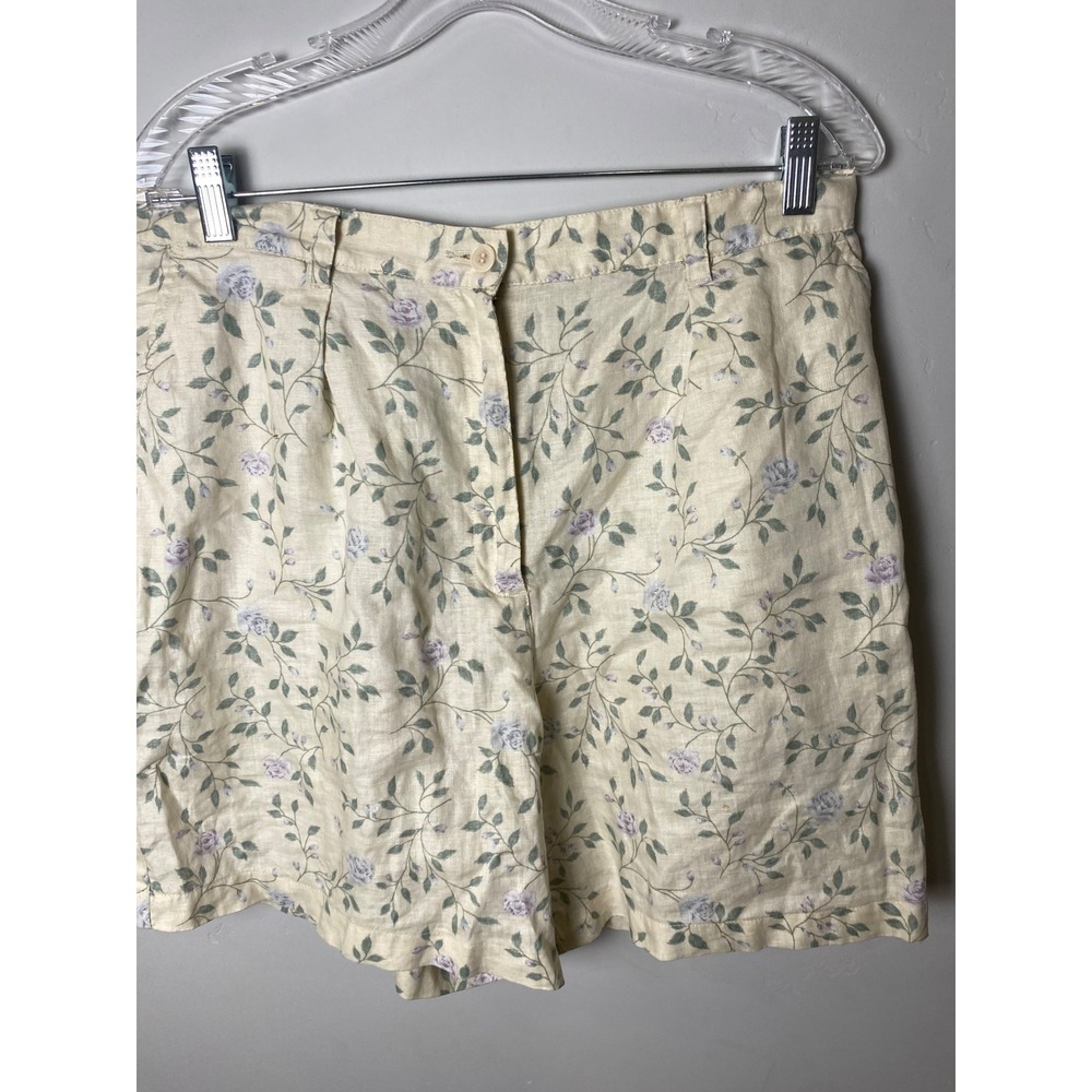 Jones New York Sport Vintage 90s Linen Floral Shorts Cream Purple Rose Size 14